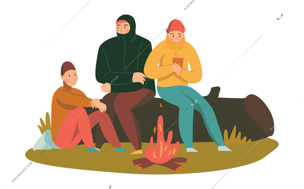 Mountain climbing trekking hiking flat composition with group of hikers near bonfire vector illustration