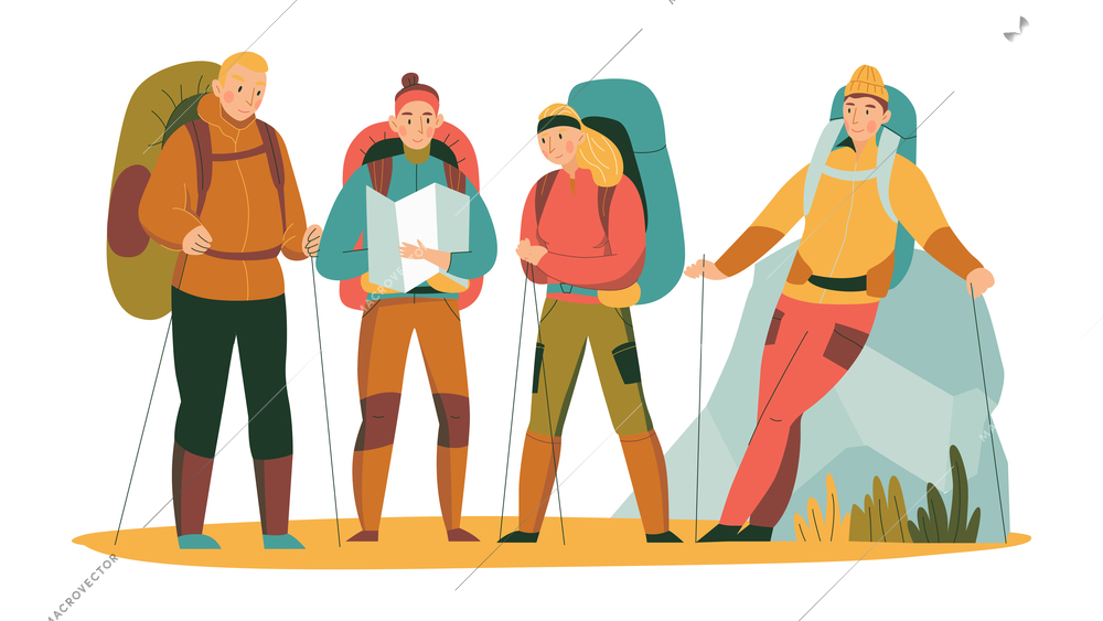 Mountain climbing trekking hiking flat composition with group of equipped hikers vector illustration