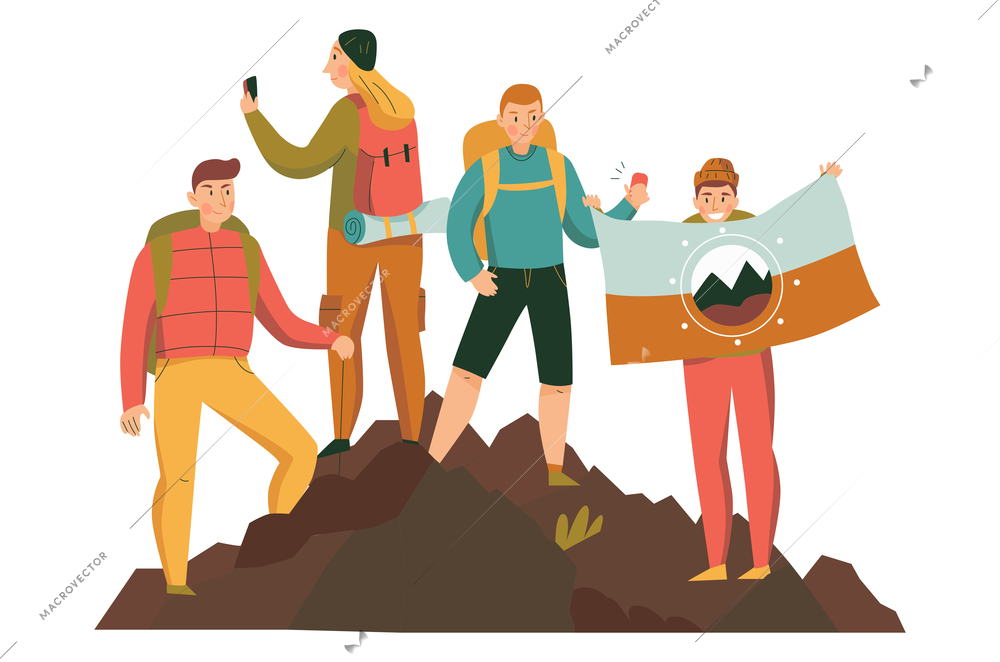 Mountain climbing trekking hiking flat composition with group of hikers with flags making selfies vector illustration