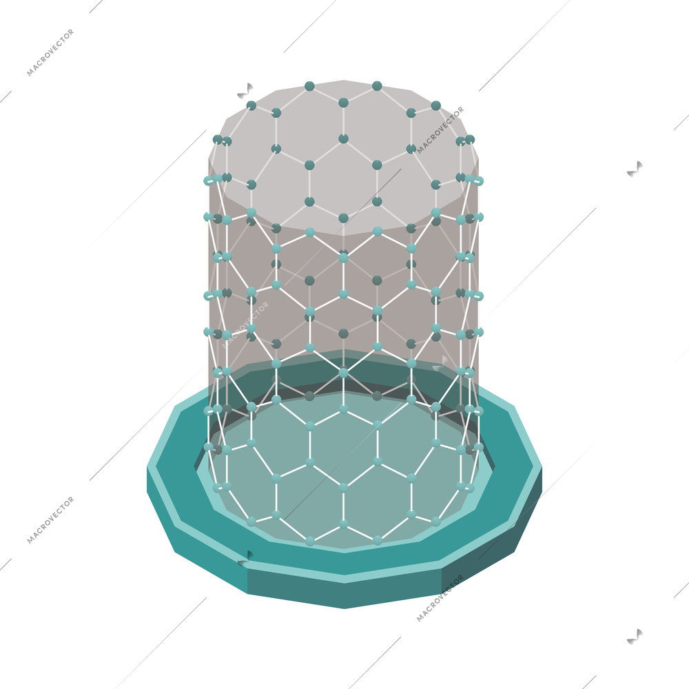 Nanotechnology isometric composition with isolated image of cylinder shaped structure of hexagon cells vector illustration