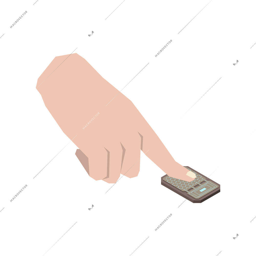 Nanotechnology isometric composition with isolated image of human hand touching fingerprint scanner device vector illustration