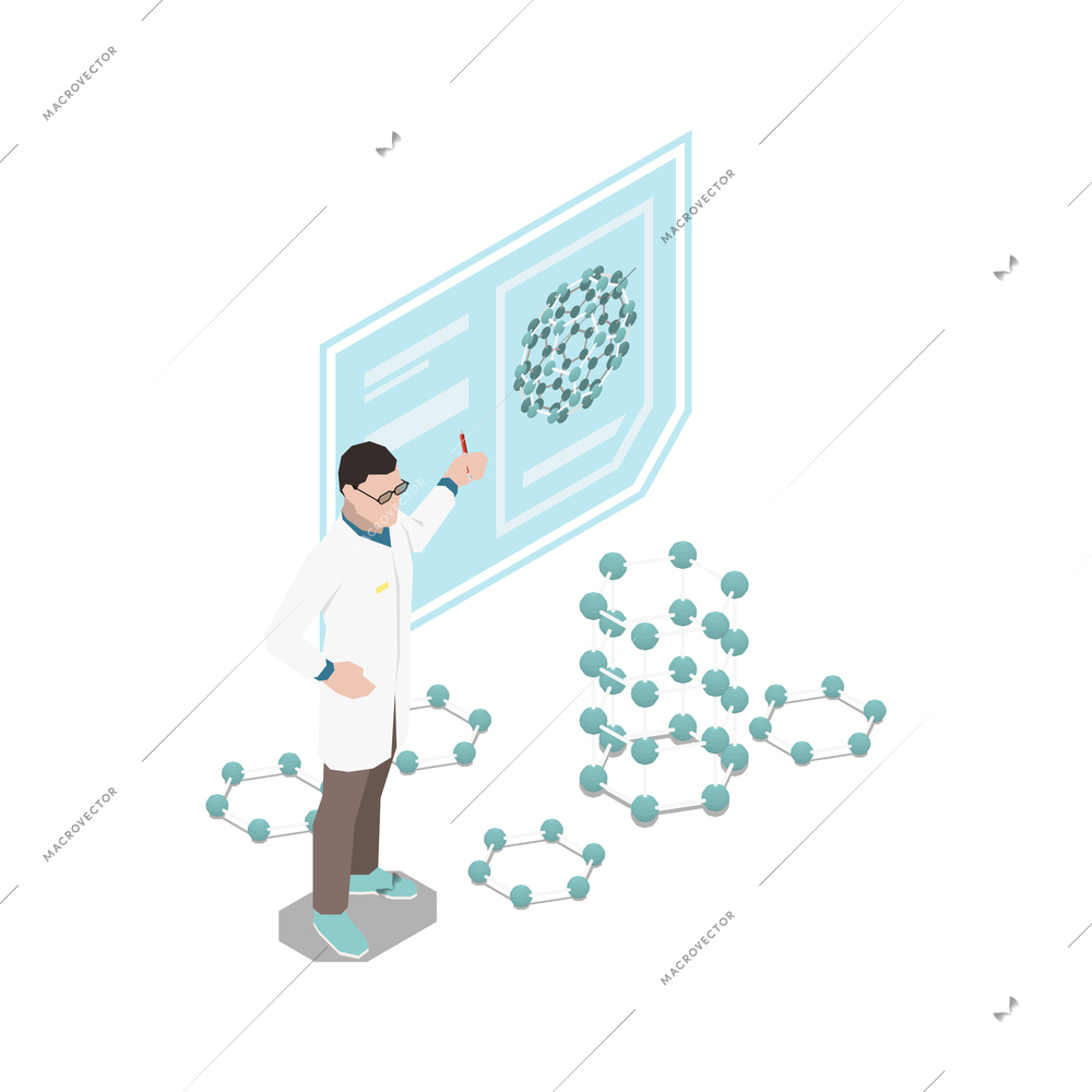 Nanotechnology isometric composition with isolated character of scientist with presentation slide and molecular models vector illustration