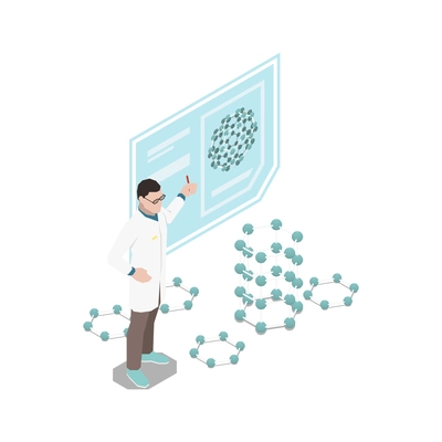 Nanotechnology isometric composition with isolated character of scientist with presentation slide and molecular models vector illustration