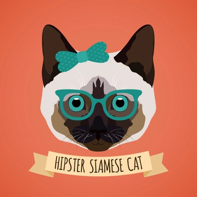 Hipster siamese cat with glasses and bow portrait with ribbon poster vector illustration