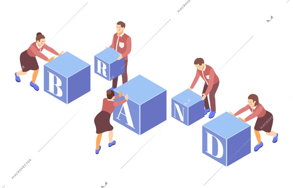 Brand building isometric composition with characters of brand managers building cubes vector illustration