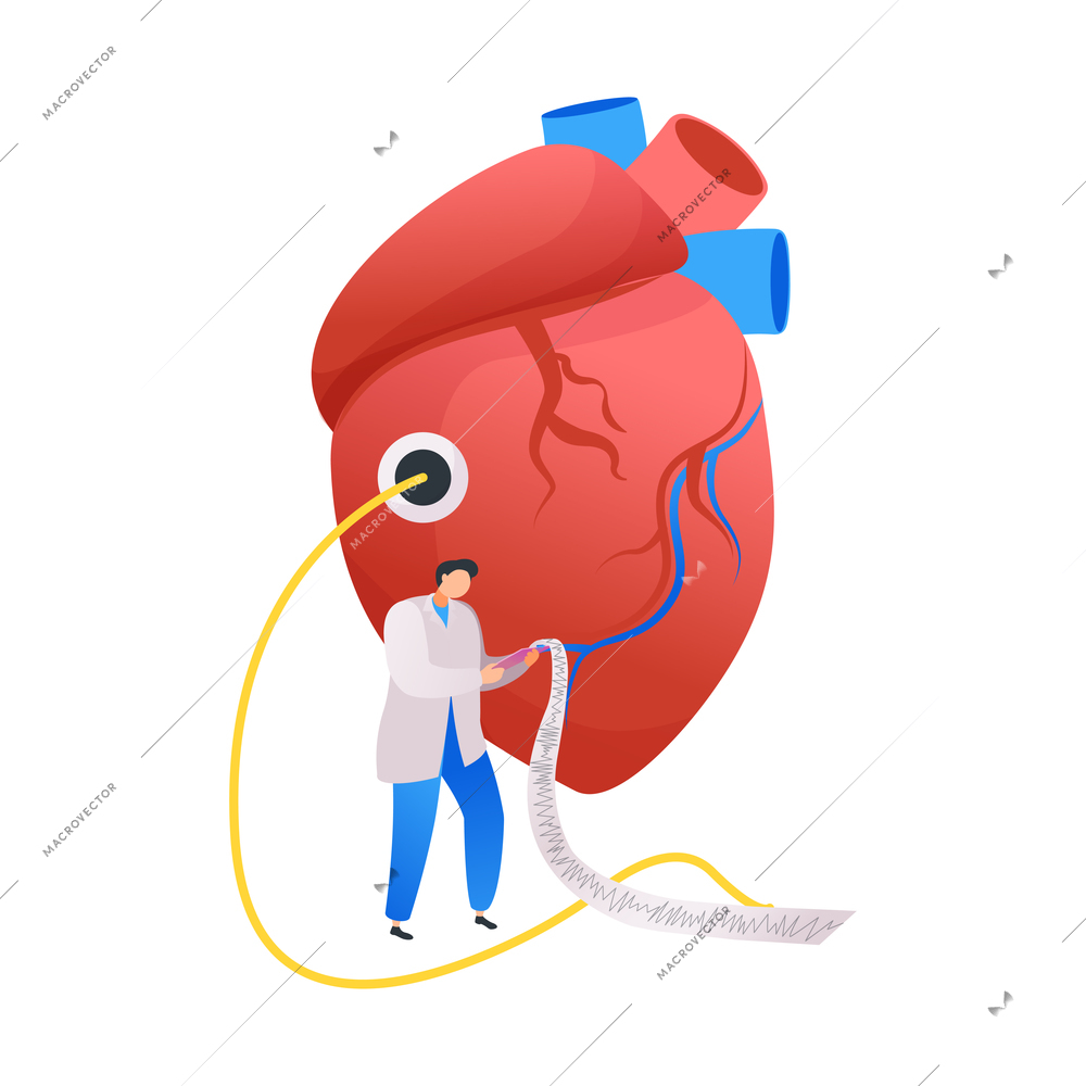 Medical center flat composition with small character of doctor with stethoscope touching human heart vector illustration