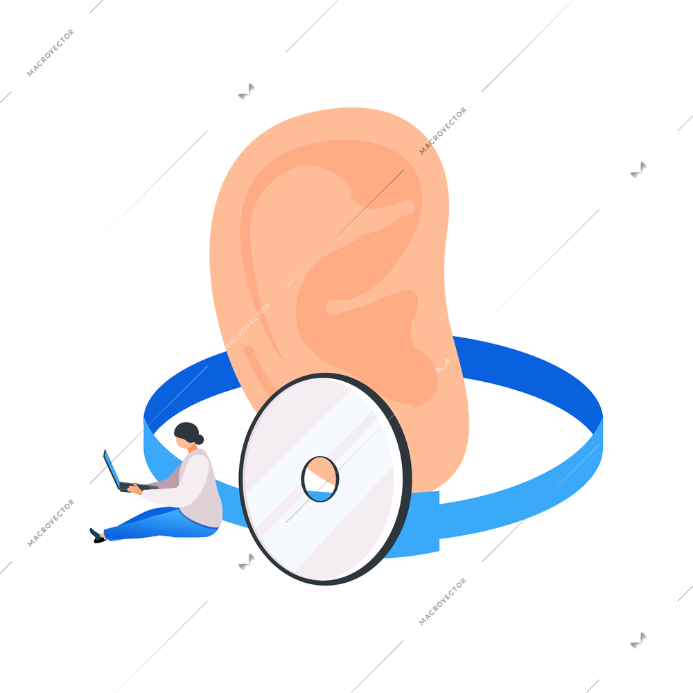 Medical center flat composition with small character of doctor and human ear vector illustration