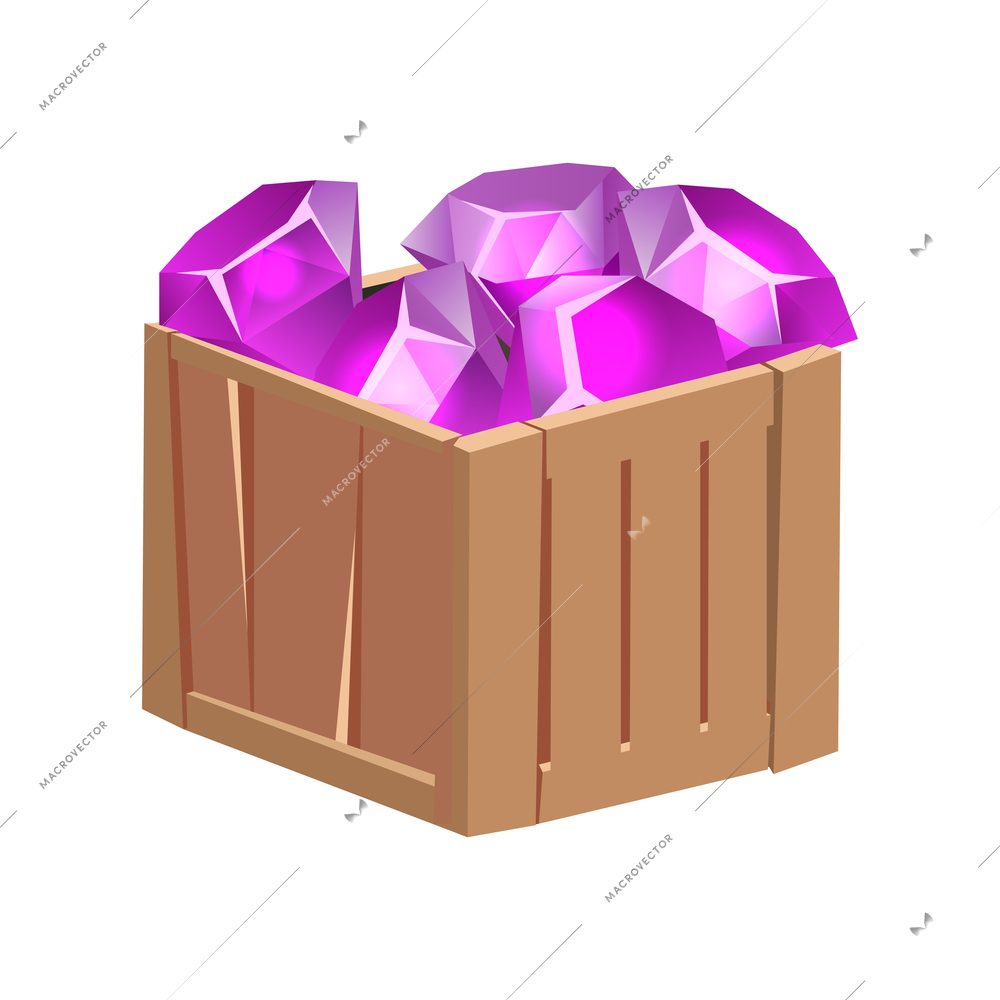 Mining game design composition with isolated image of wooden box filled with purple crystals vector illustration