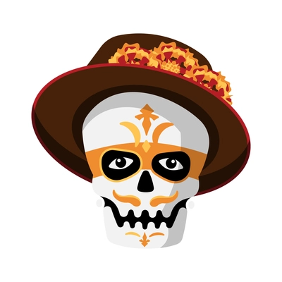 Day of dead as mexican ethnic holiday cartoon composition with painted human skull in traditional hat vector illustration