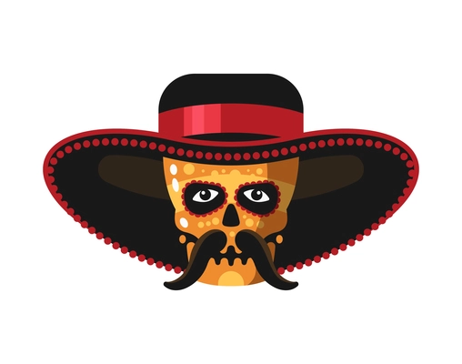 Day of dead as mexican ethnic holiday cartoon composition with painted human skull in traditional hat vector illustration