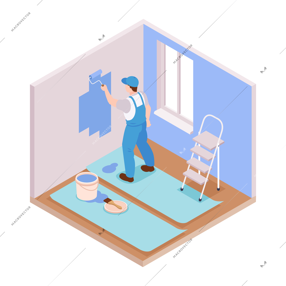 Isometric repairs composition with view of living room with character of repairman painting wall vector illustration