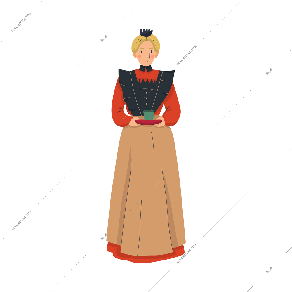 18th 19th century old town fashion composition with isolated human character of housemaid vector illustration