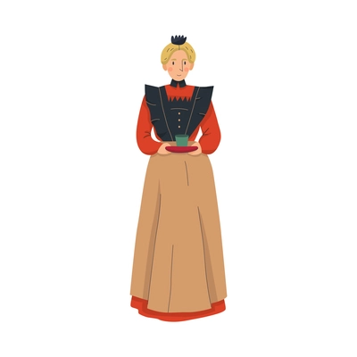 18th 19th century old town fashion composition with isolated human character of housemaid vector illustration