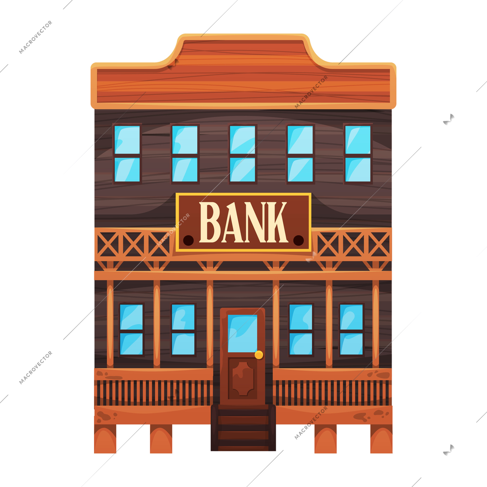 Wild west cowboy composition with isolated image of bank building on blank background vector illustration