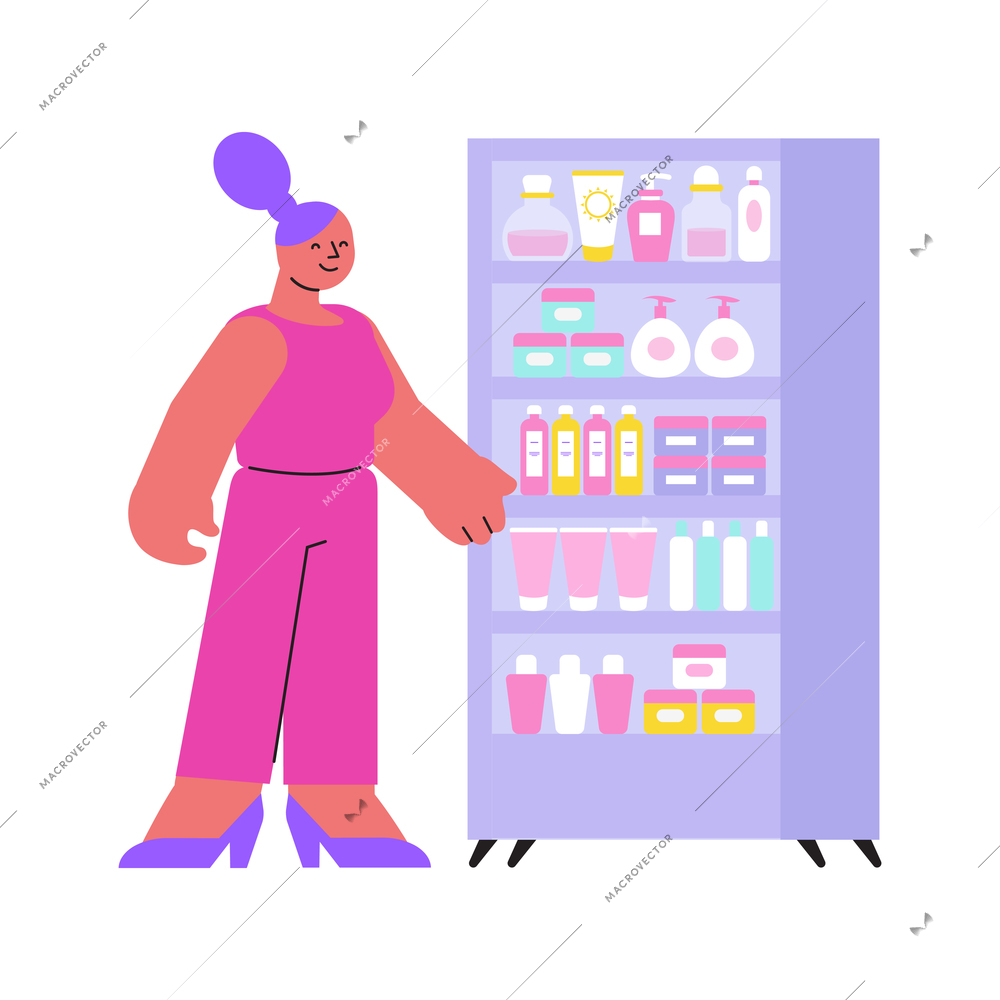 Cosmetic shop composition with character of woman next to cabinet with cosmetic products on sale vector illustration