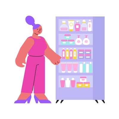 Cosmetic shop composition with character of woman next to cabinet with cosmetic products on sale vector illustration