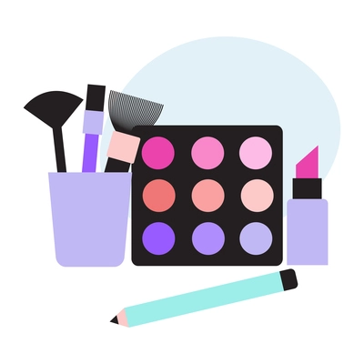 Cosmetic shop composition with face paint palette box lipstick and pencil with brushes vector illustration