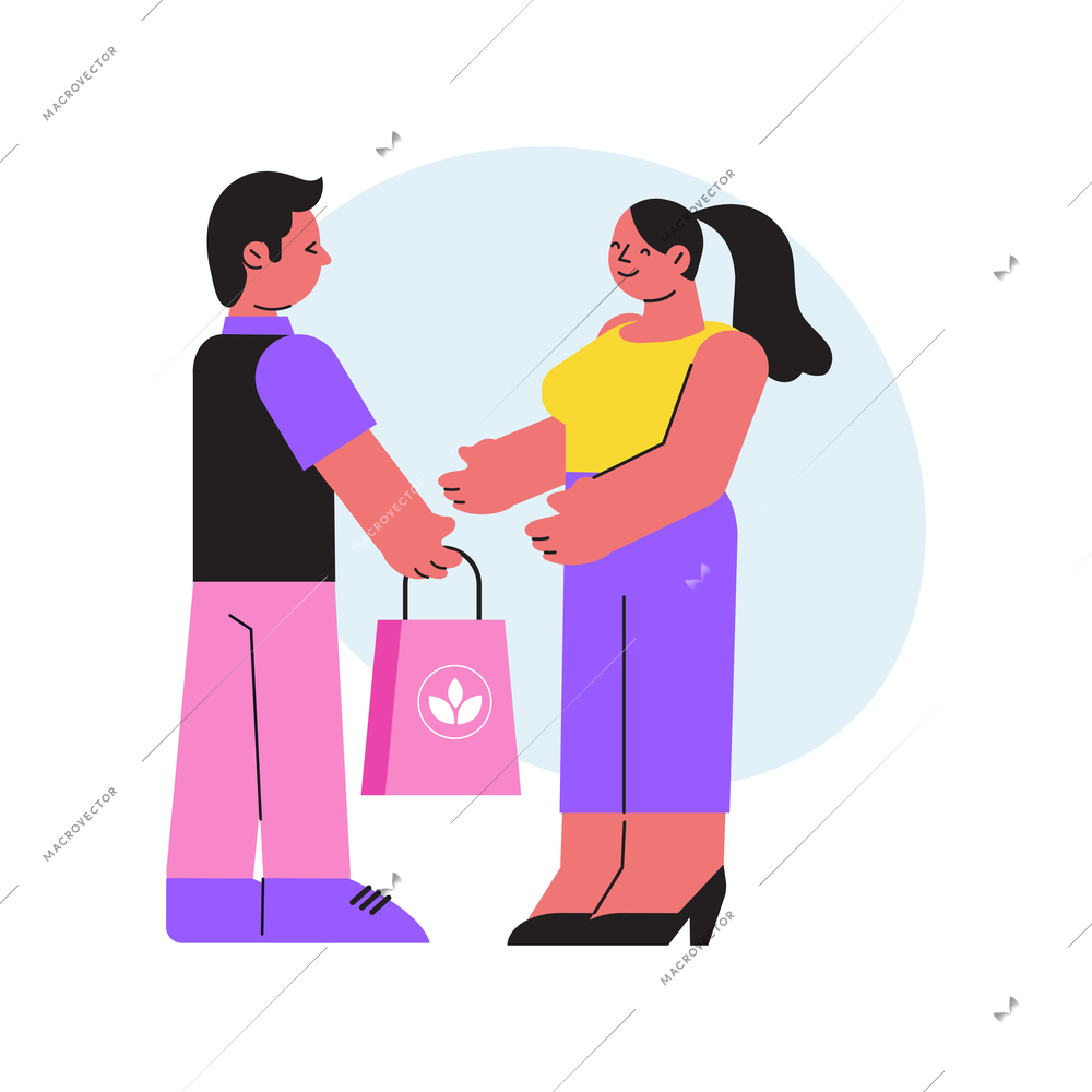 Cosmetic shop composition with doodle man giving shopping bag to happy woman vector illustration