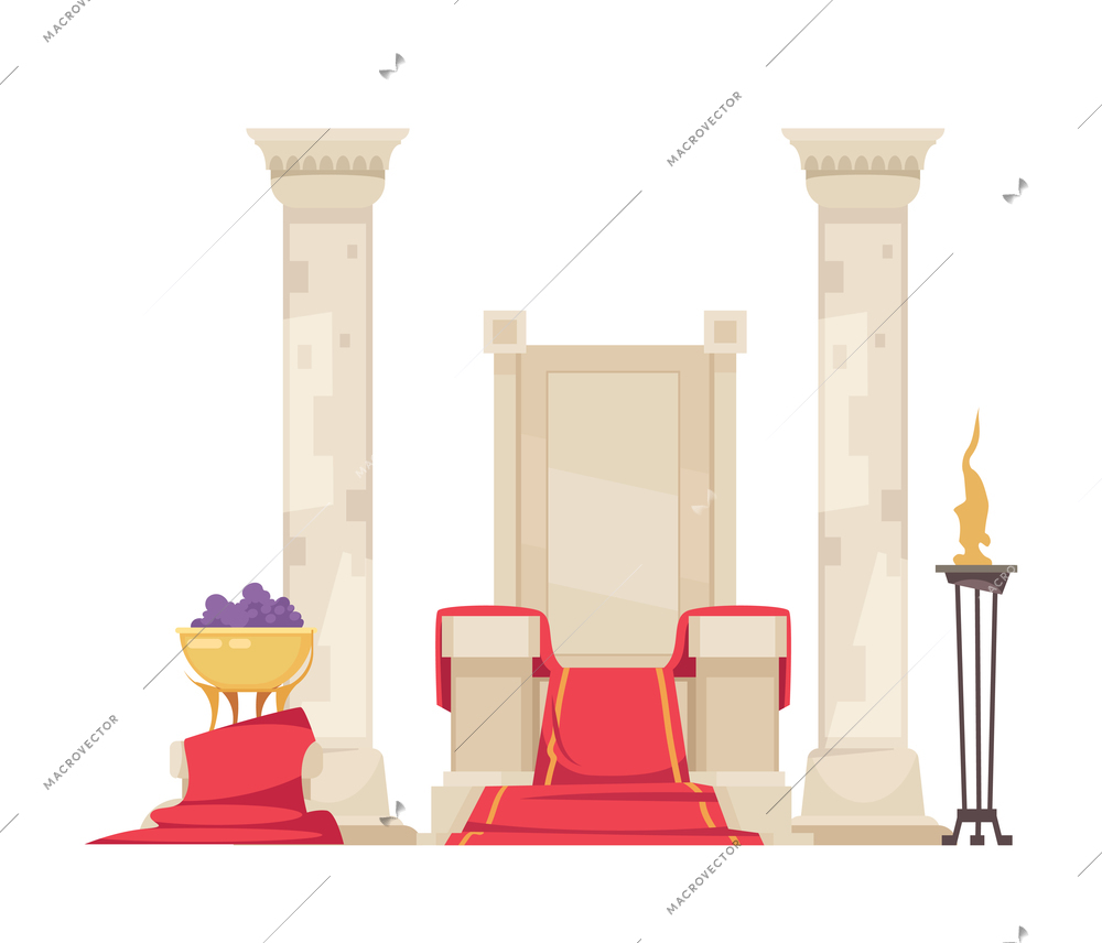 Ancient rome gladiator composition with isolated doodle style character of roman throne with pillars vector illustration