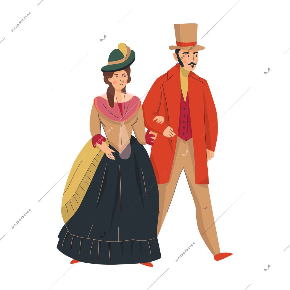 18th 19th century old town fashion composition with isolated human characters of loving couple vector illustration