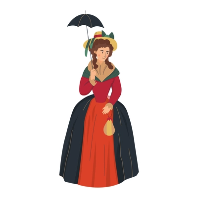 18th 19th century old town fashion composition with isolated human character of lady with umbrella vector illustration