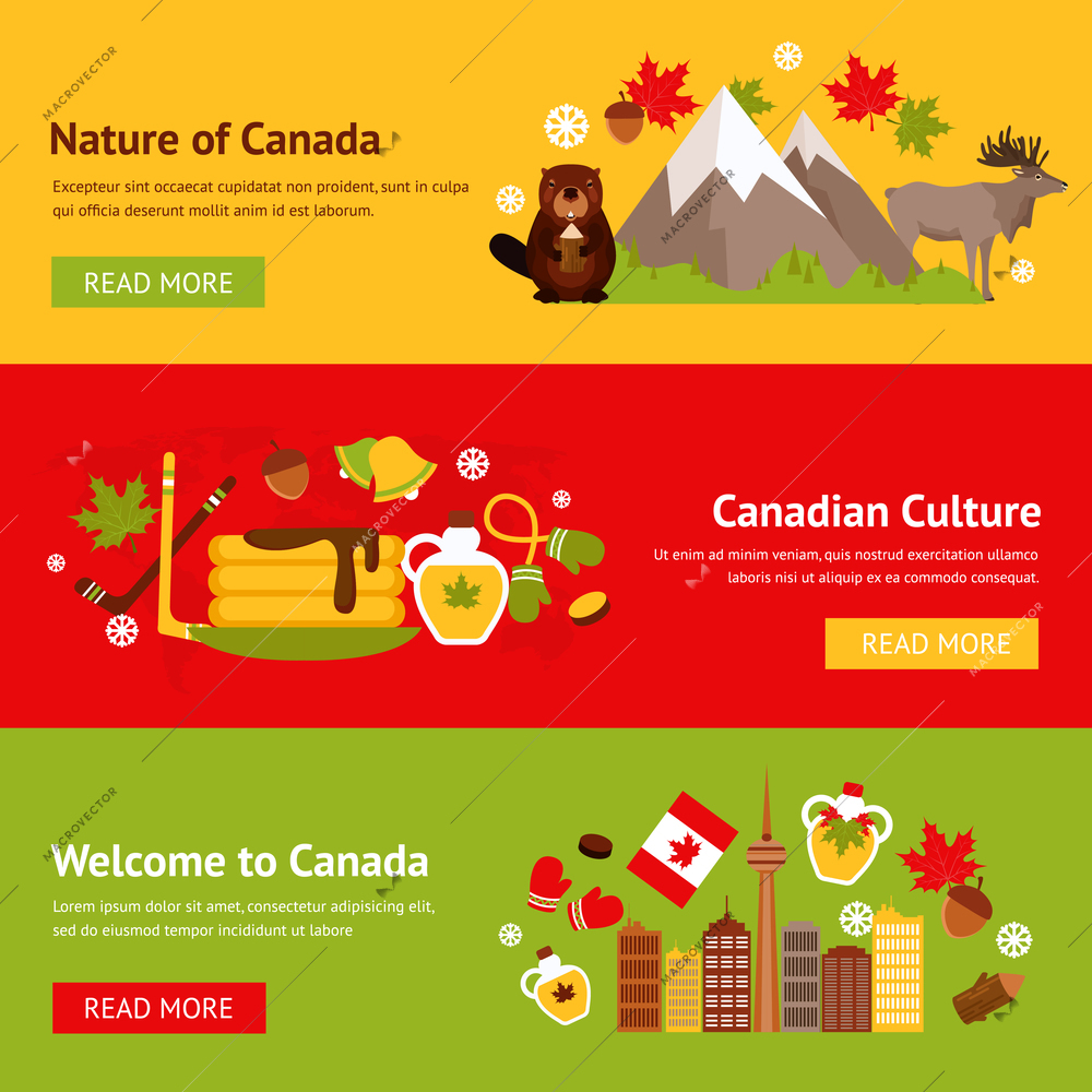 Canada colored flat banner set with nature animals plants culture isolated vector illustration