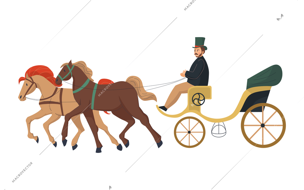 18th 19th century old town fashion composition with isolated icon of vintage carriage with horses and coacher vector illustration