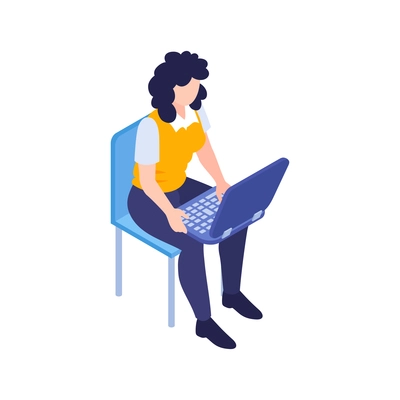 Isometric business education coaching training composition with character of girl sitting on chair with laptop vector illustration