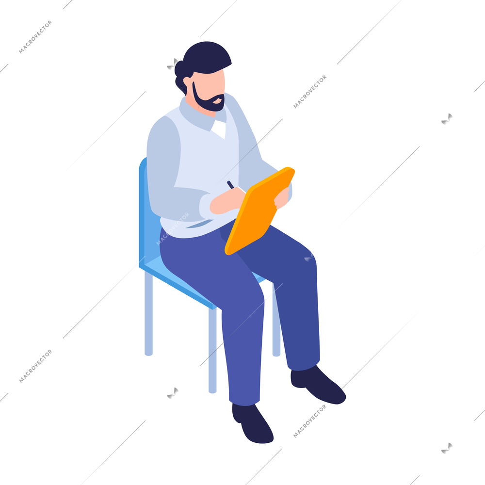 Isometric business education coaching training composition with male character sitting on chair vector illustration