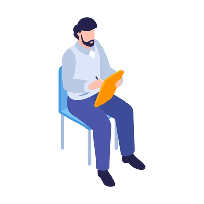 Isometric business education coaching training composition with male character sitting on chair vector illustration