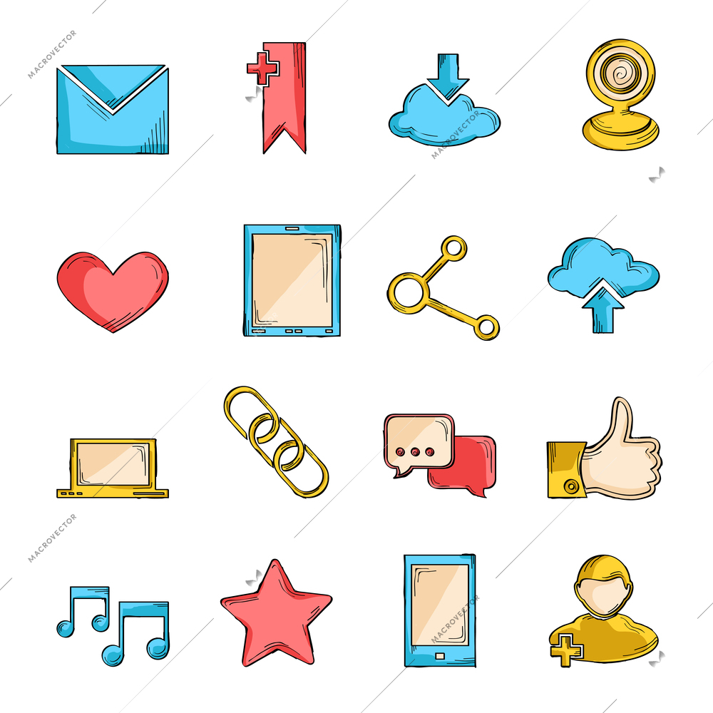 Social network icons sketch line set with communication user interface elements isolated vector illustration