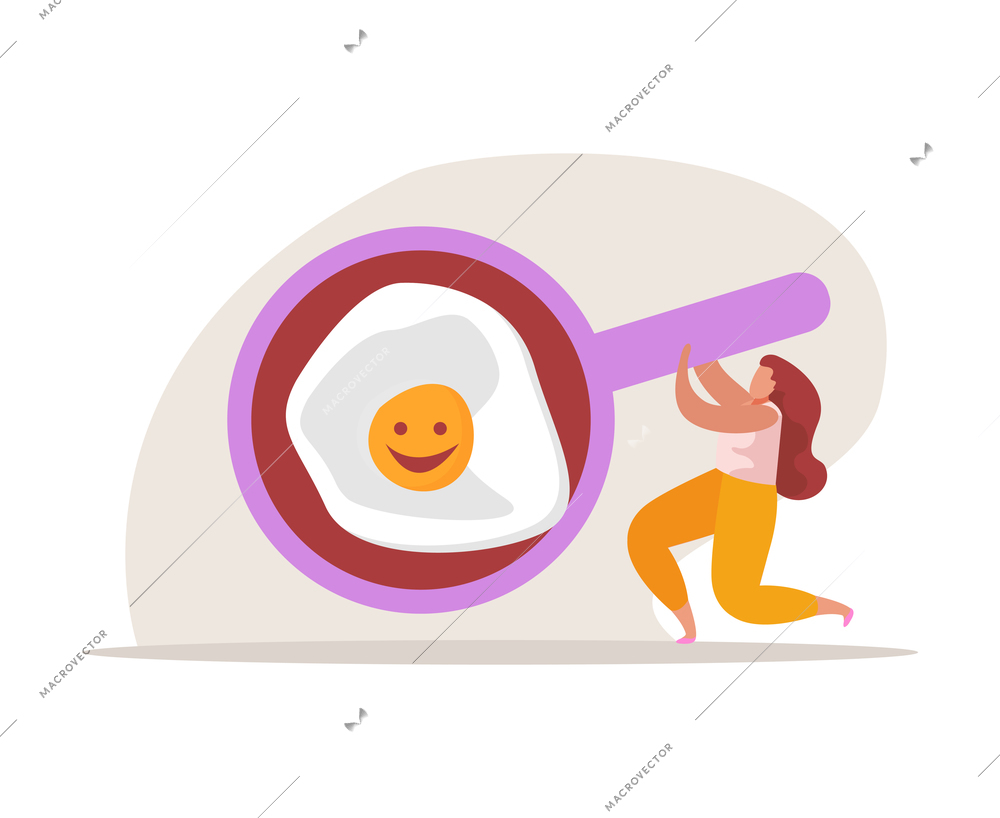 Morning people flat composition with images of frying pan with fried eggs and female doodle character vector illustration