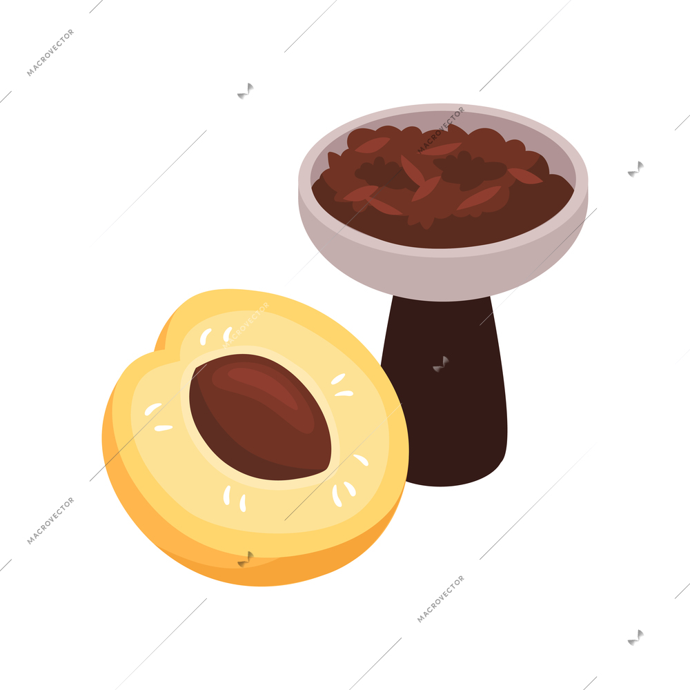 Isometric hookah tobacco smoke composition with isolated image of peach slice and dish with tobacco on blank background vector illustration