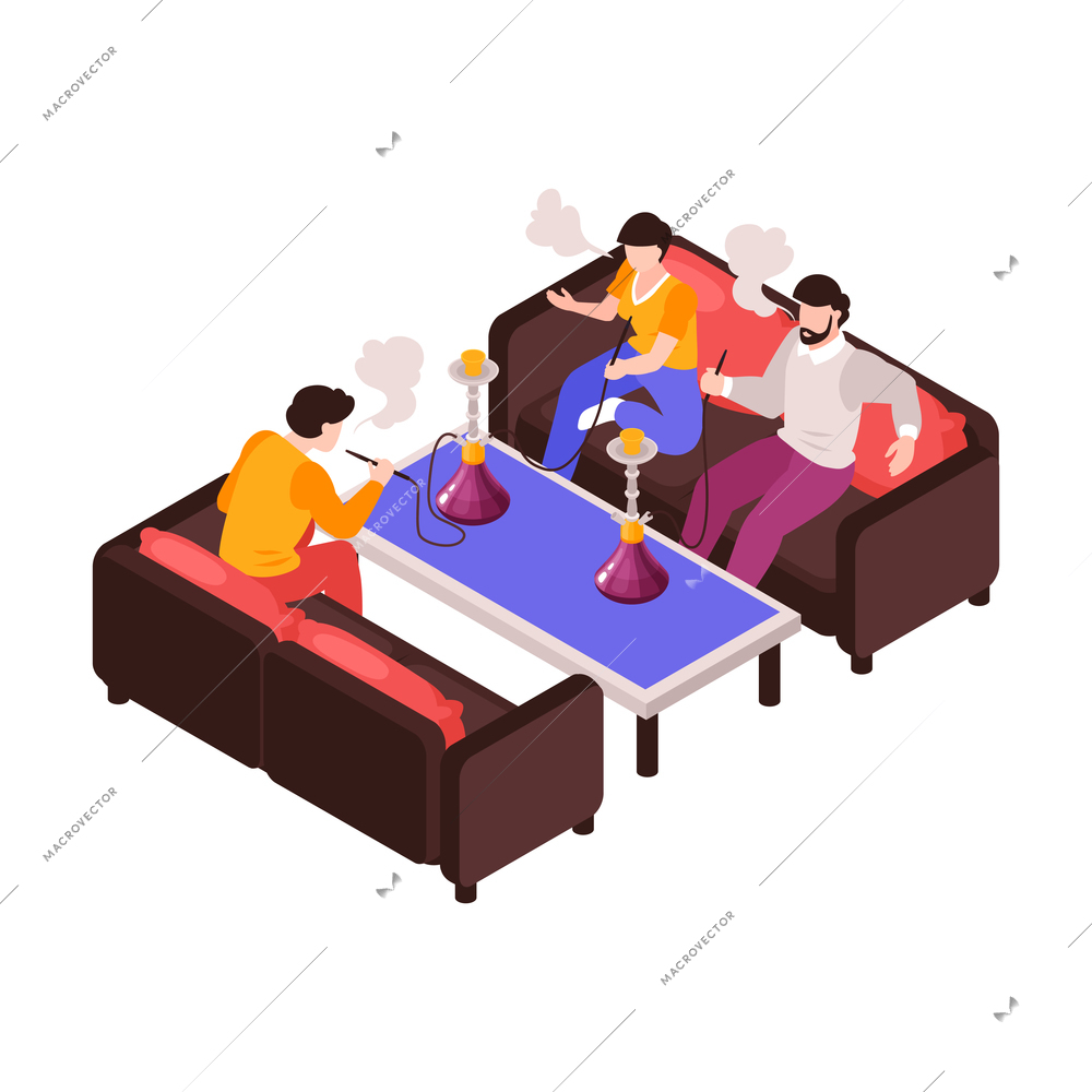 Isometric hookah tobacco smoke composition with isolated image of hookah bar table with friends smoking on sofa vector illustration