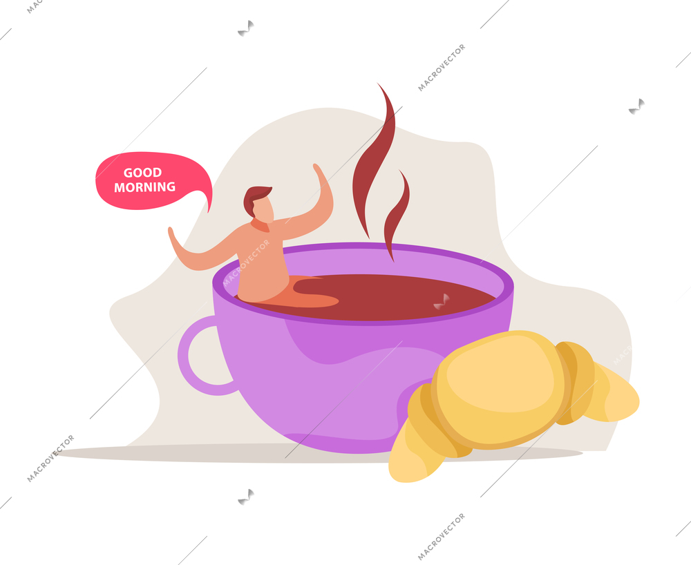 Morning people flat composition with male human character chilling inside the coffee cup with croissant image vector illustration