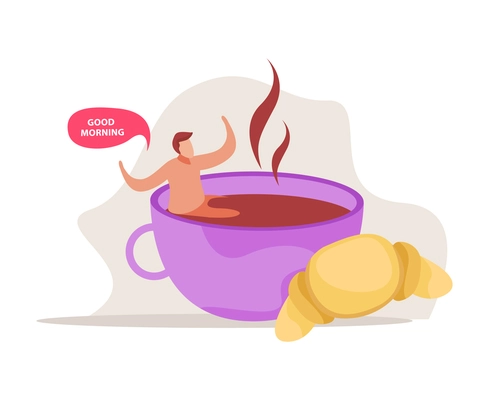 Morning people flat composition with male human character chilling inside the coffee cup with croissant image vector illustration