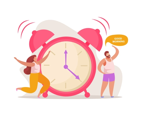 Morning people flat composition with image of ringing alarm clock and small characters of man and woman vector illustration