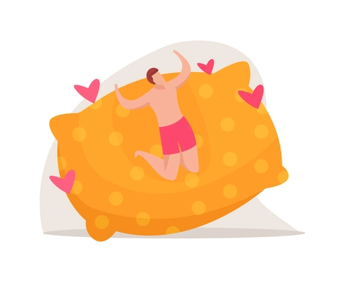 Morning people flat composition with soft pillow heart signs and jumping male character vector illustration