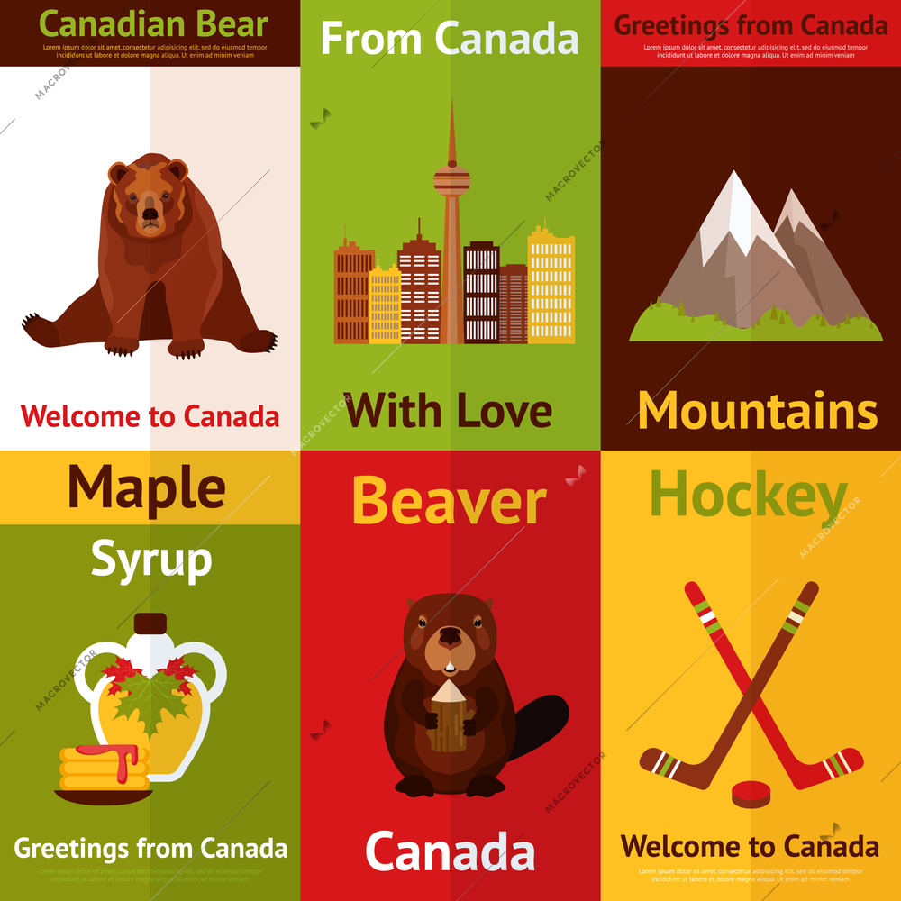 Canada colored mini poster set with canadian bear mountains maple syrup beaver hockey isolated vector illustration