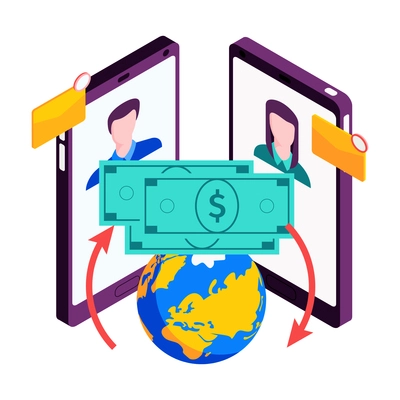 Isometric online mobile bank composition with icons of smartphone exchange and payment methods vector illustration