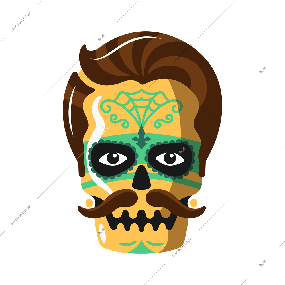 Day of dead as mexican ethnic holiday cartoon composition with isolated image of painted male skull vector illustration