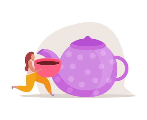 Morning people flat composition with running female character holding cup of tea with teapot vector illustration