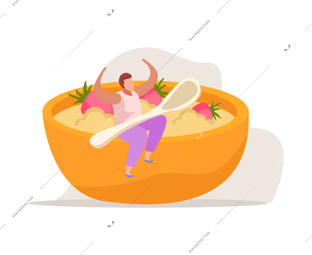 Morning people flat composition with human character holding spoon and dish of strawberry porridge vector illustration