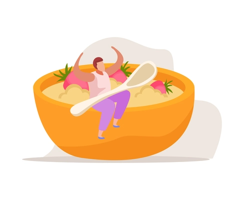 Morning people flat composition with human character holding spoon and dish of strawberry porridge vector illustration