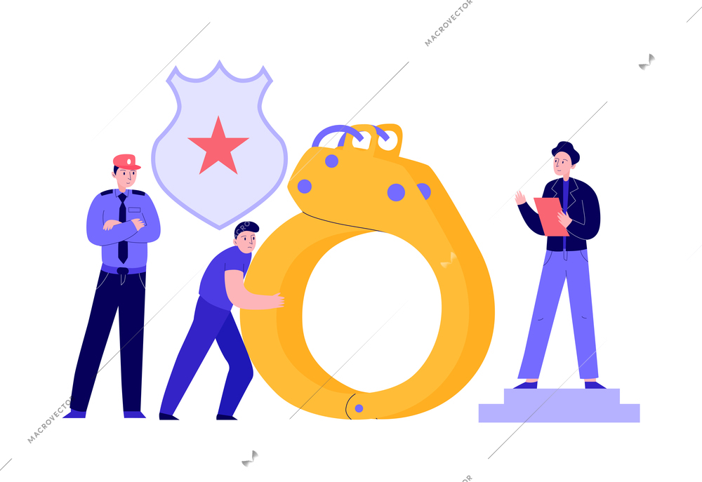 Lawyer justice law composition with doodle characters of police officer lawyer and criminal with handcuffs vector illustration