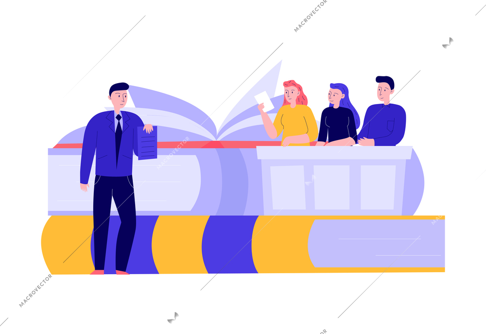 Lawyer justice law composition with doodle characters of jury court and attorney with books vector illustration