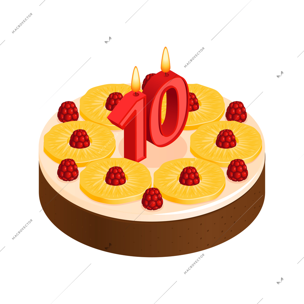 Birthday cake composition with isolated image of sweet cake for anniversary with cream toppings and digit shaped candle isometric vector illustration