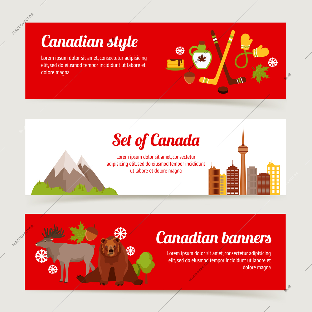 Canada colored horizontal banner set with sport animals architecture isolated vector illustration