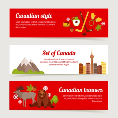 Canada colored horizontal banner set with sport animals architecture isolated vector illustration