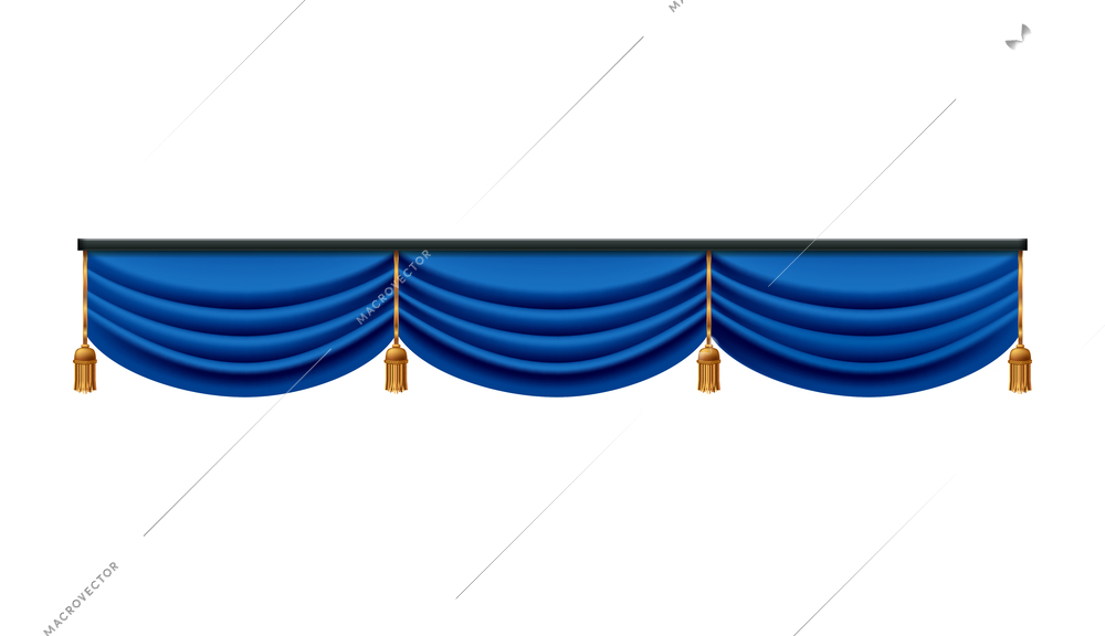 Realistic blue curtains composition with isolated image of luxury curtain with golden tie vector illustration